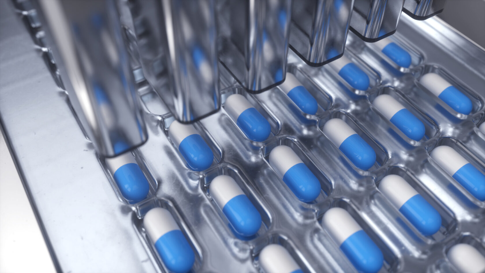 Blue capsule medicine pill production line, Industrial pharmaceutical.