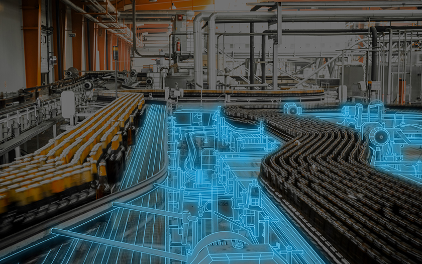 Illustration of food and beverage manufacturing plant with digital overlay