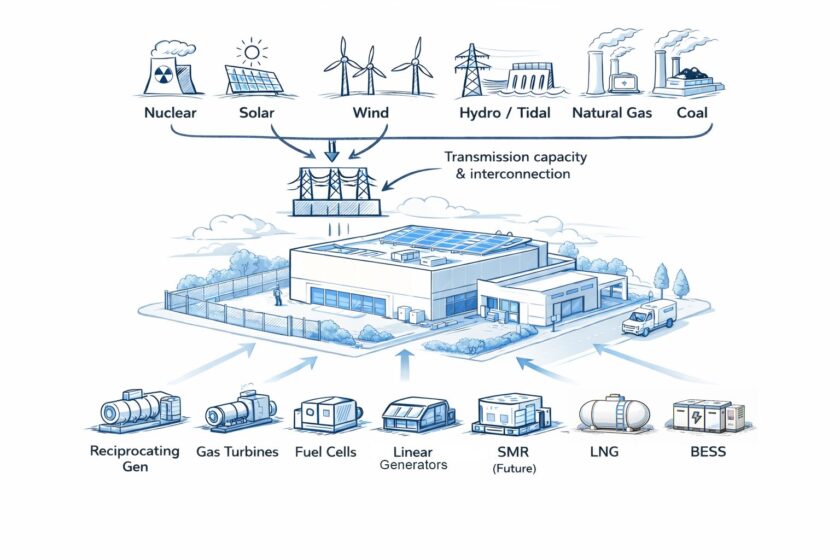 L’illustration de Salas O’Brien des solutoïnes d’énergie co-localisées versus fournies par le réseau En Top reflète ce qui vient du réseau : nucléaire, solaire, éolien, hydroélectricité, gaz naturel et charbon Co-localisés : génératrices alternatives, turbines à gaz, piles à combustible, génératrices linéaires, SMR (futur), GNL, BESS