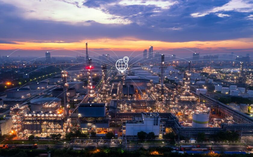 Industrial instruments in the factory with cyber and physical system icons
